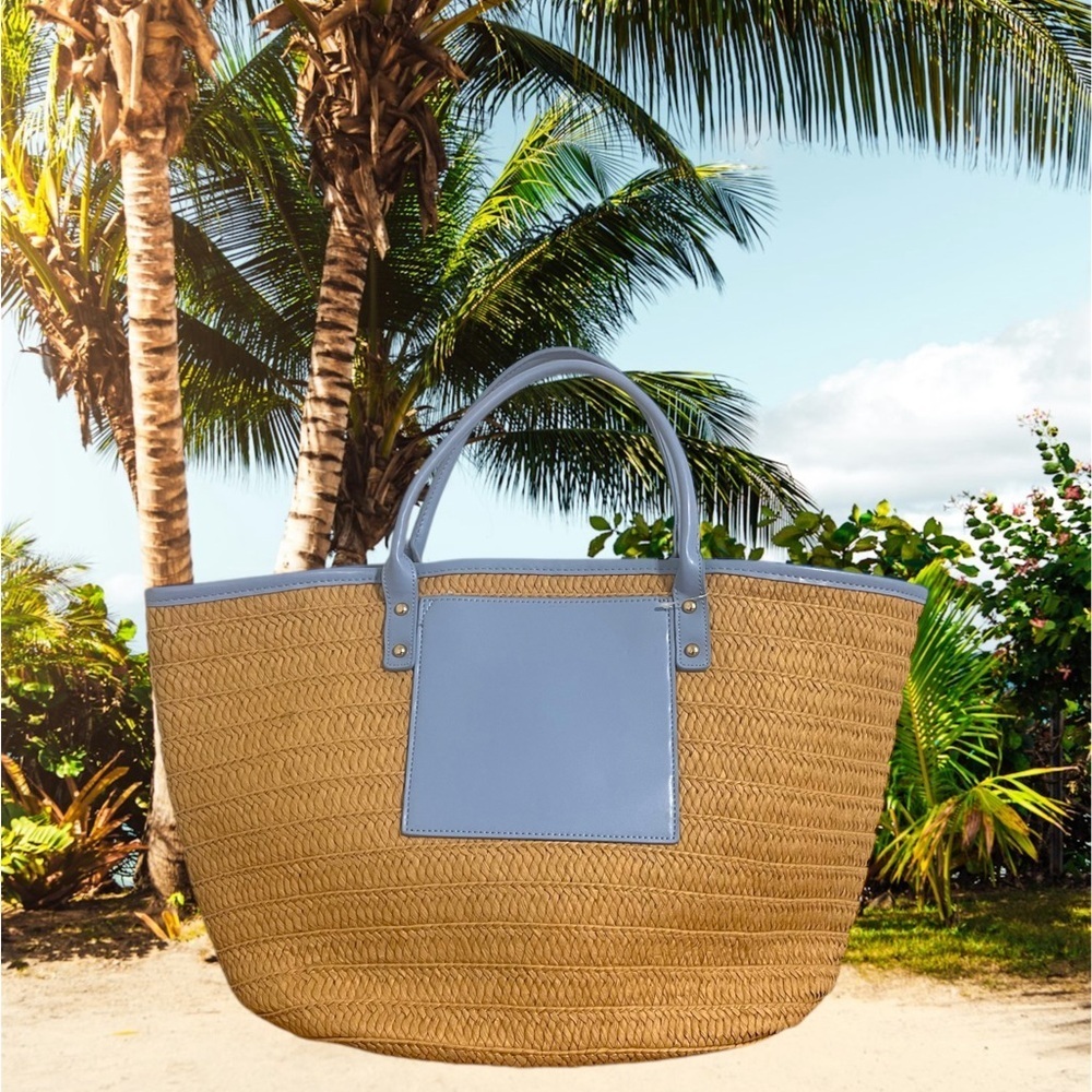 Spacious Tan and Blue Straw Beach Tote